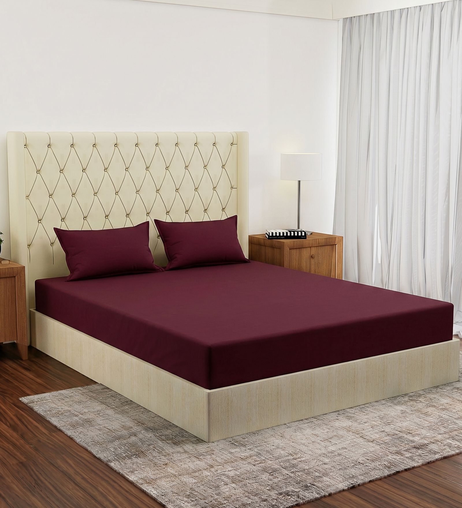 Maroon Solid 210 TC Cotton King Sized Bedsheet With 2 Pillow Covers