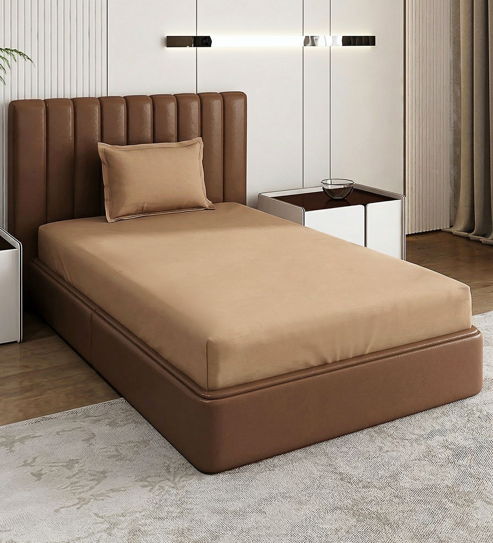 Brown Solid 210 TC Cotton Bedsheet With Single Size Bedsheet With 1 Pillow Cover