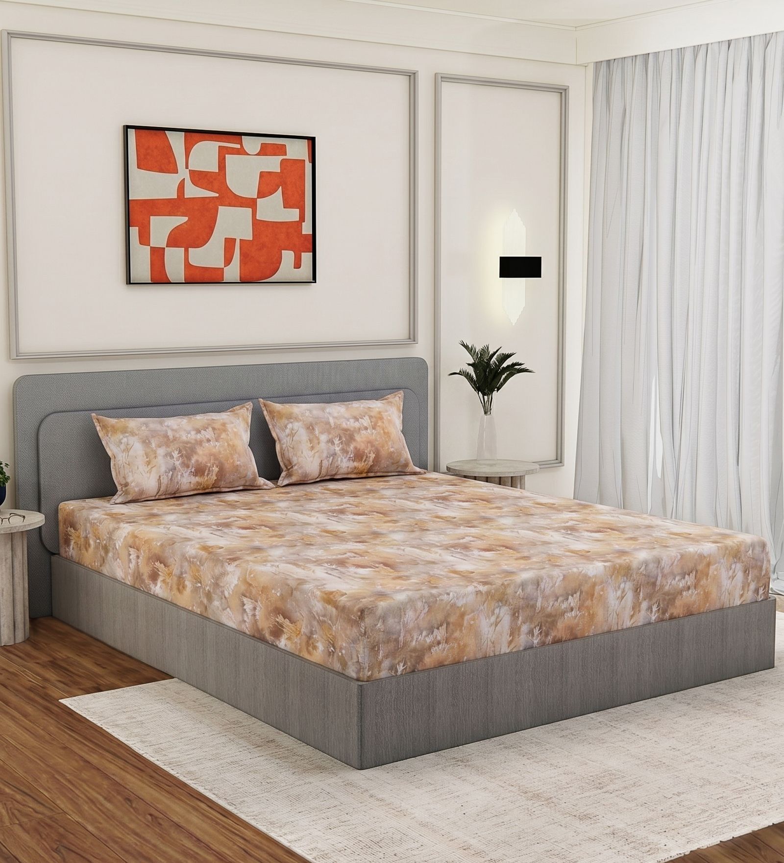 Brown Abstract 210 TC Cotton King Sized Bedsheet With 2 Pillow Covers