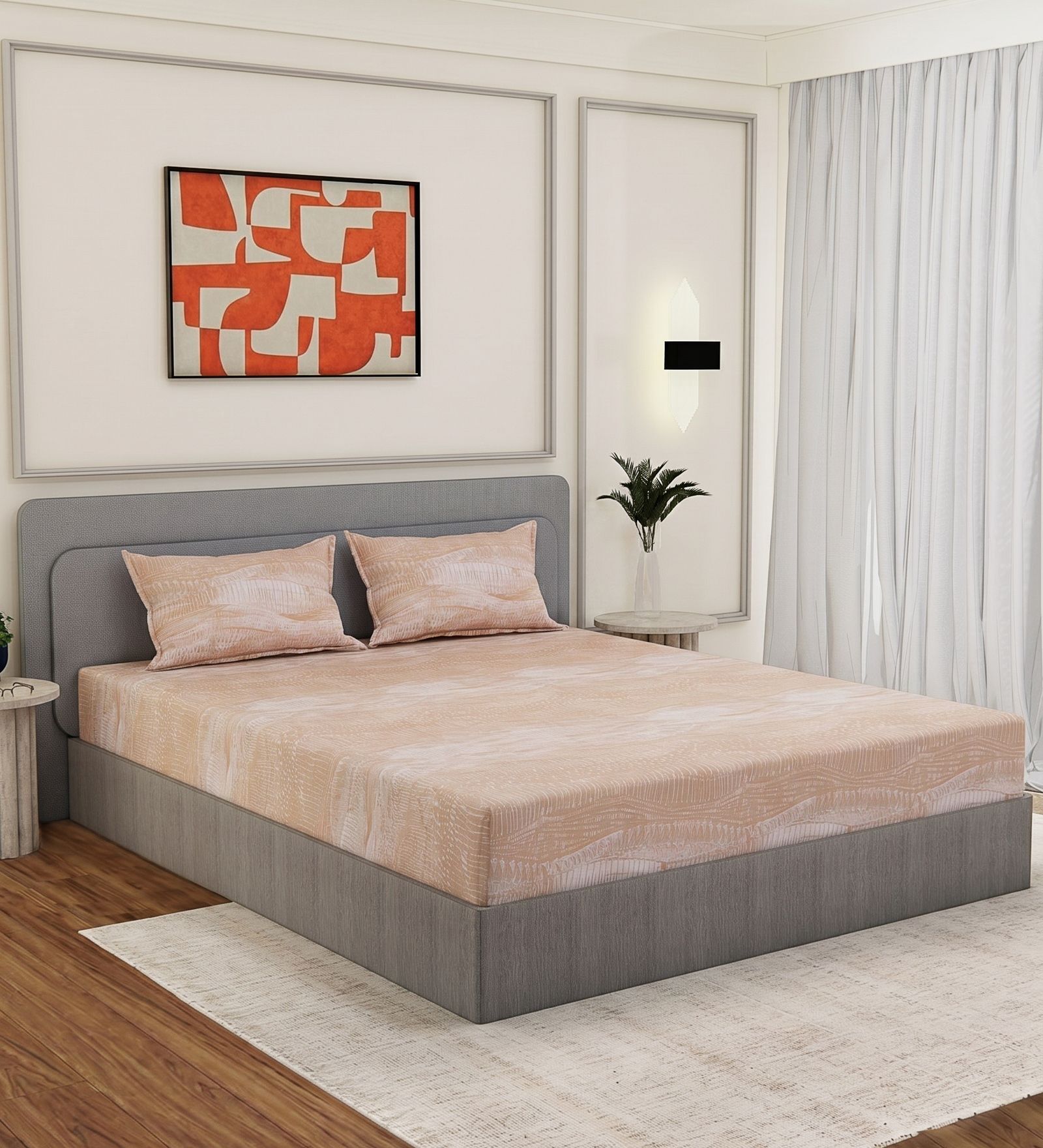 Beige Geometric 210 TC Cotton King Sized Bedsheet With 2 Pillow Covers