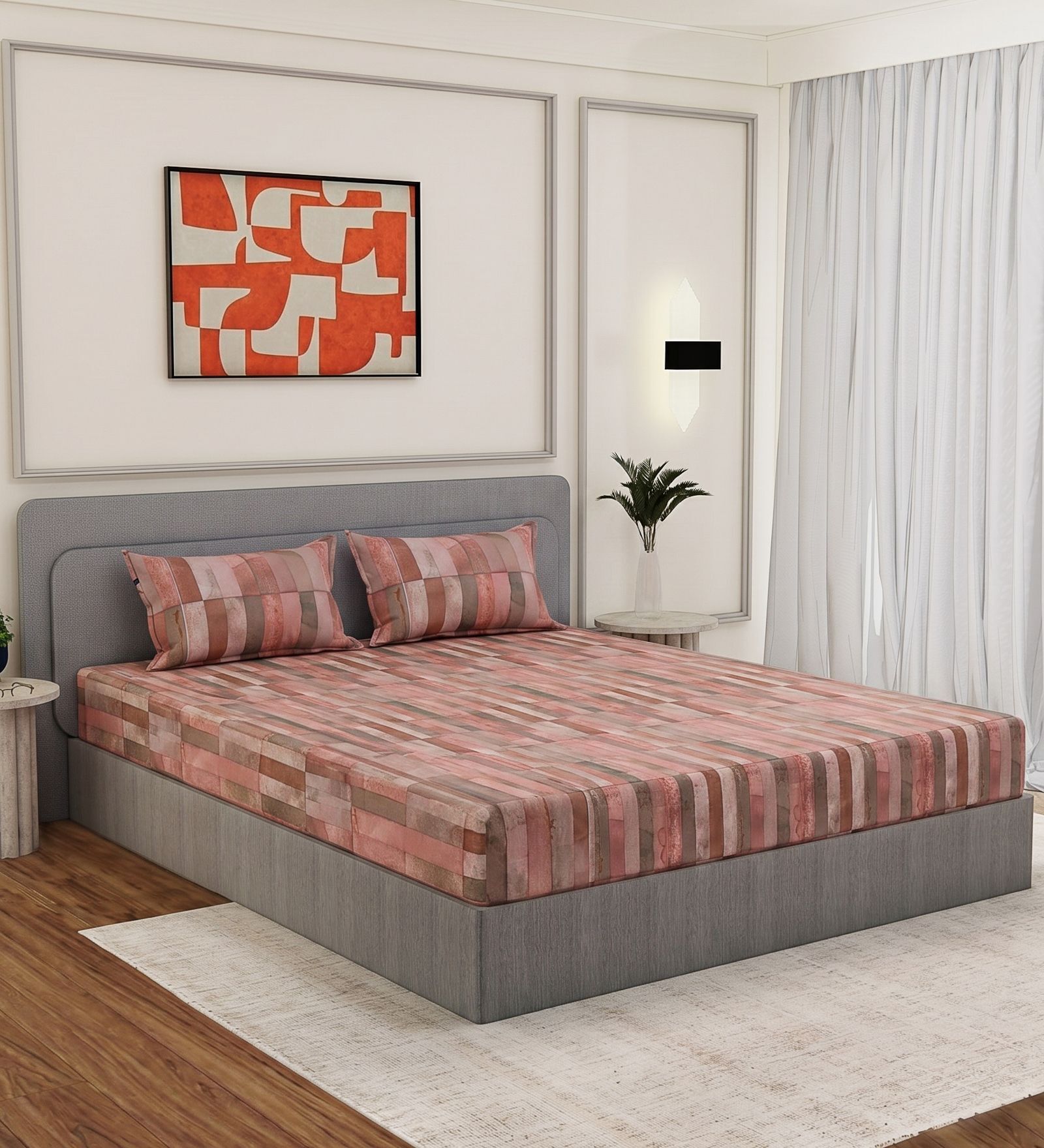 Brown Geometric 210 TC Cotton King Sized Bedsheet With 2 Pillow Covers