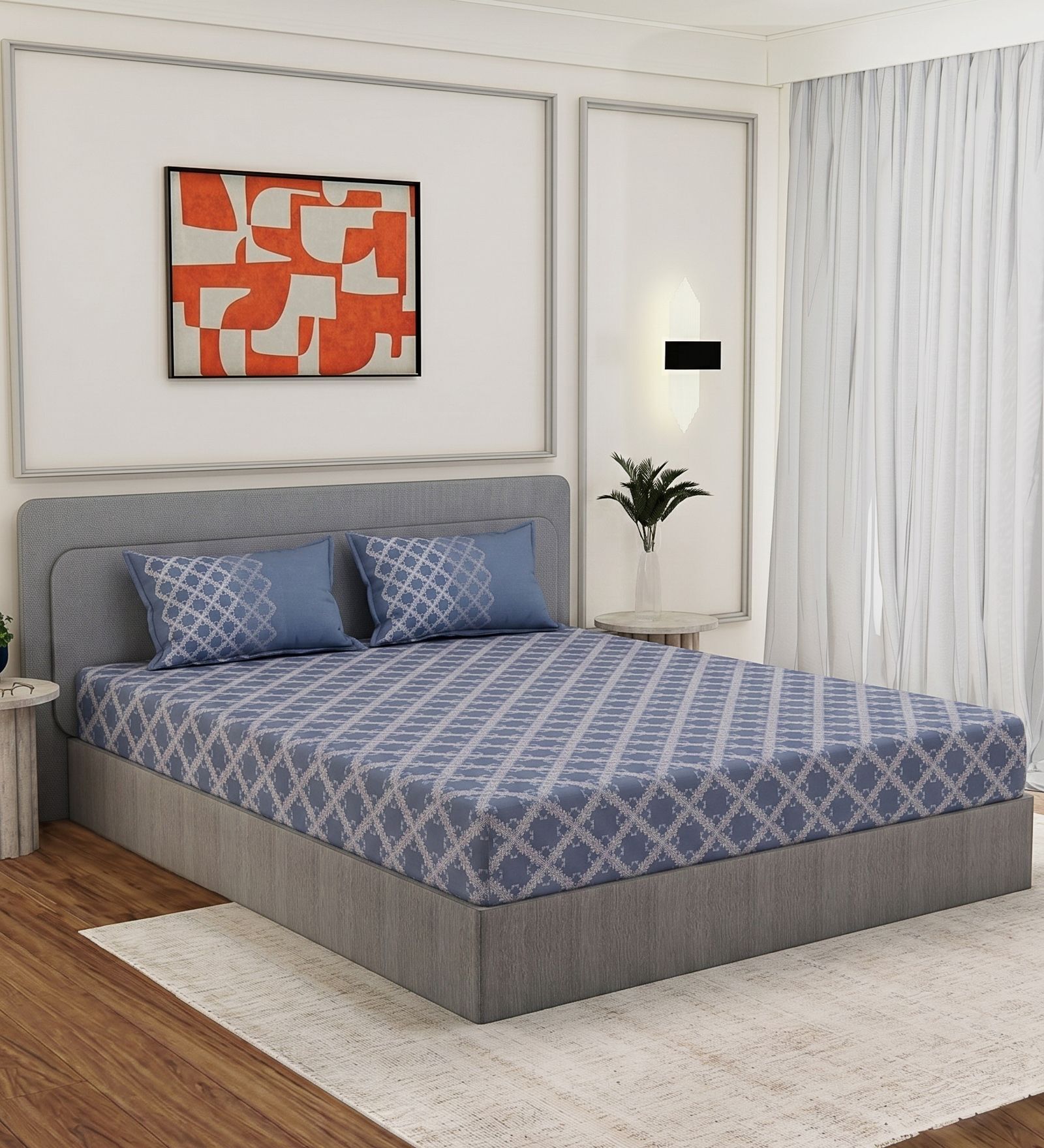Blue Geometric 200 TC Cotton King Sized Bedsheet With 2 Pillow Covers