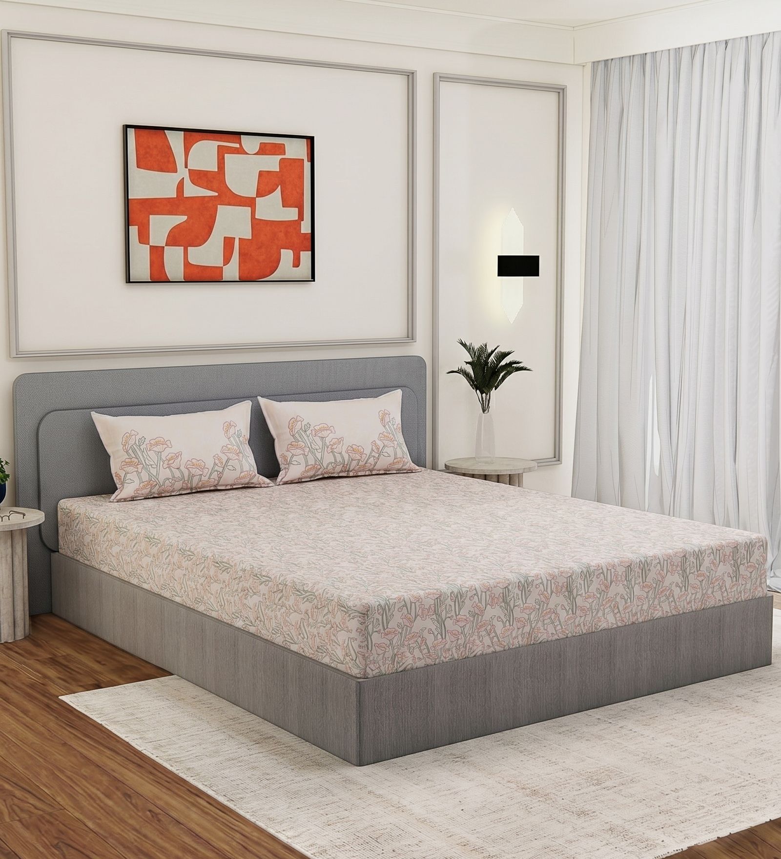 Peach Leaf 200 TC Cotton King Sized Bedsheet With 2 Pillow Covers
