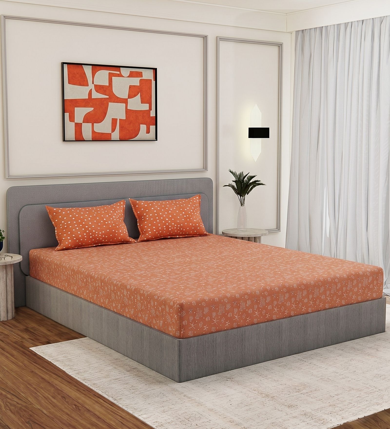 Orange Seahorse 200 TC Cotton King Sized Bedsheet With 2 Pillow Covers