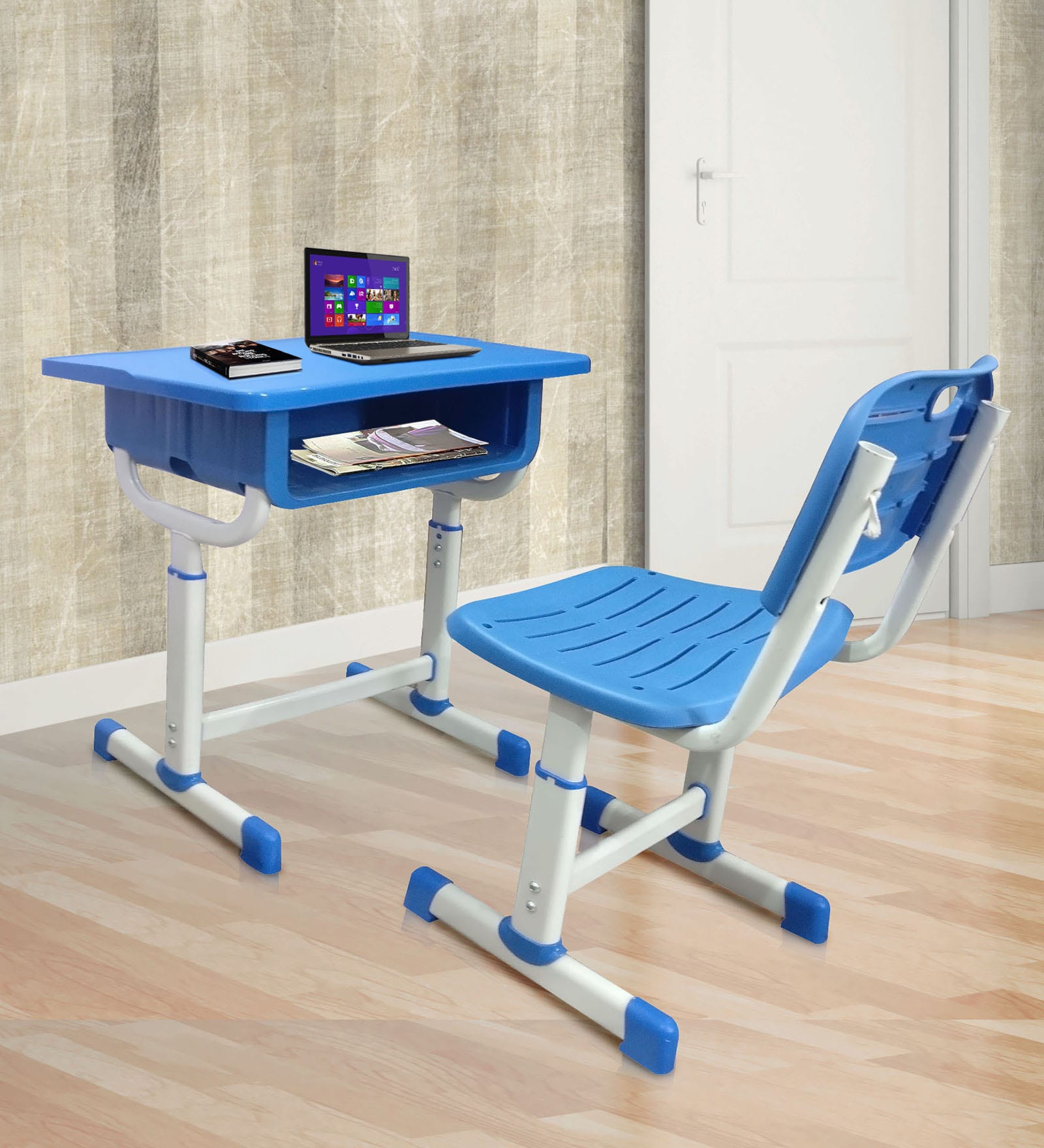 Classroom Table cum Chair Study Set with Storage in Blue & Grey Color