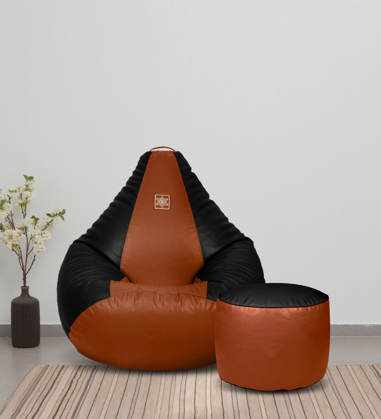 Buy Classy XL Leatherette Bean Bag Cover in Black & Tan Colour with Pouffe cover at 17 OFF by