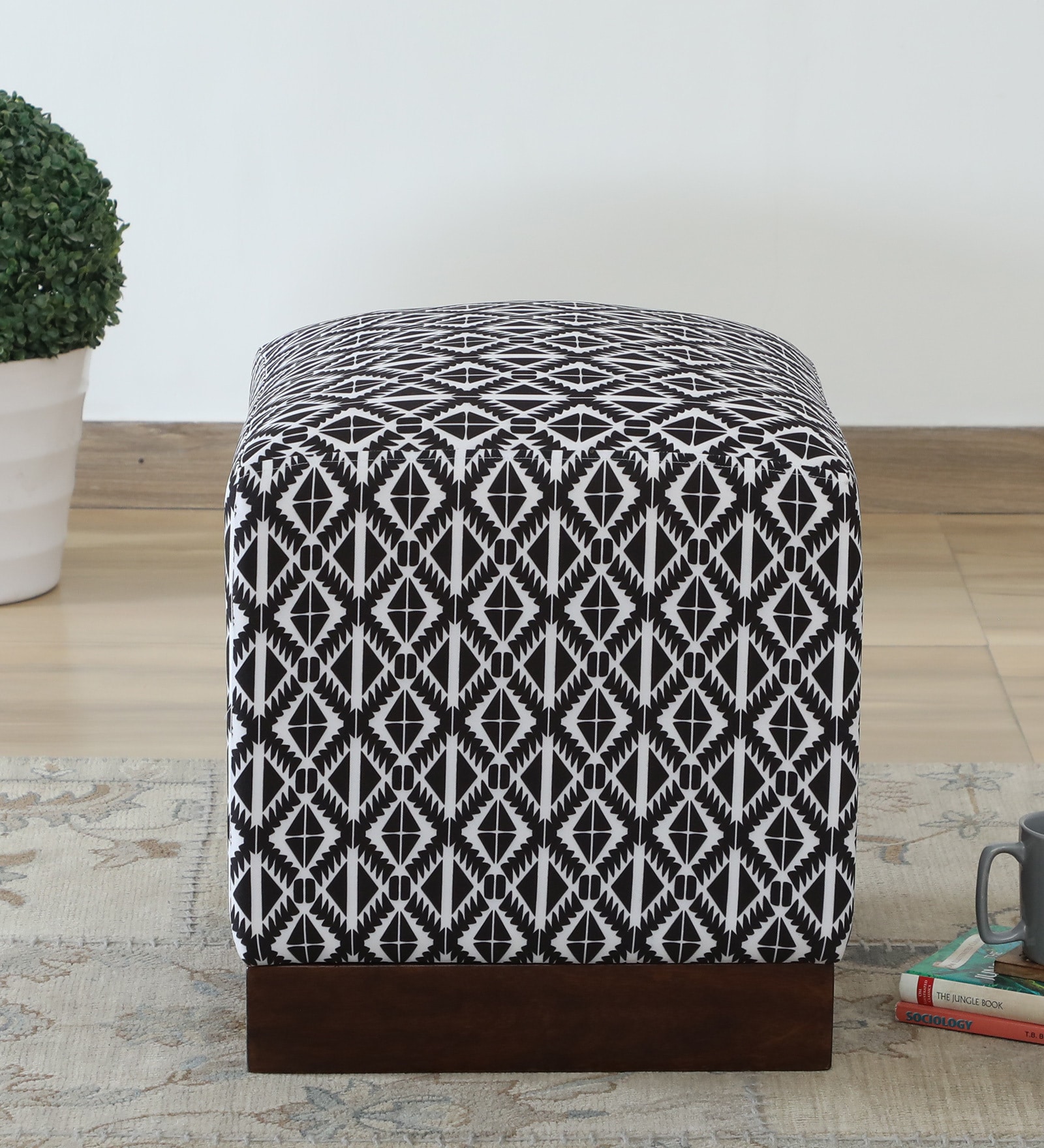 Claude Fabric Pouffe In Provincial Teak Finish