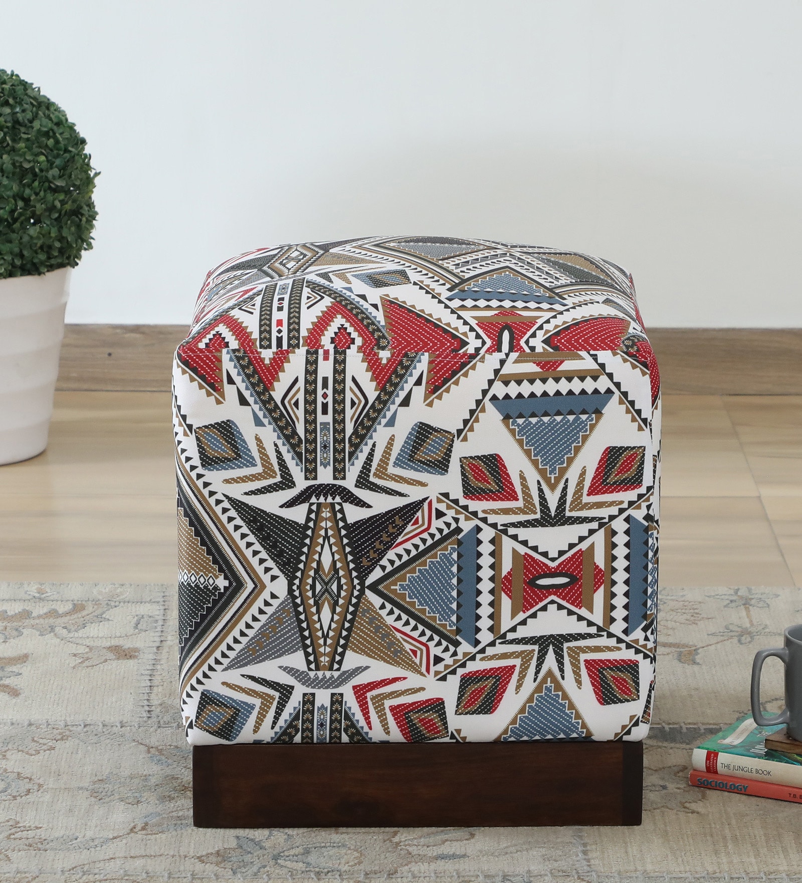 Claude Fabric Pouffe In Provincial Teak Finish