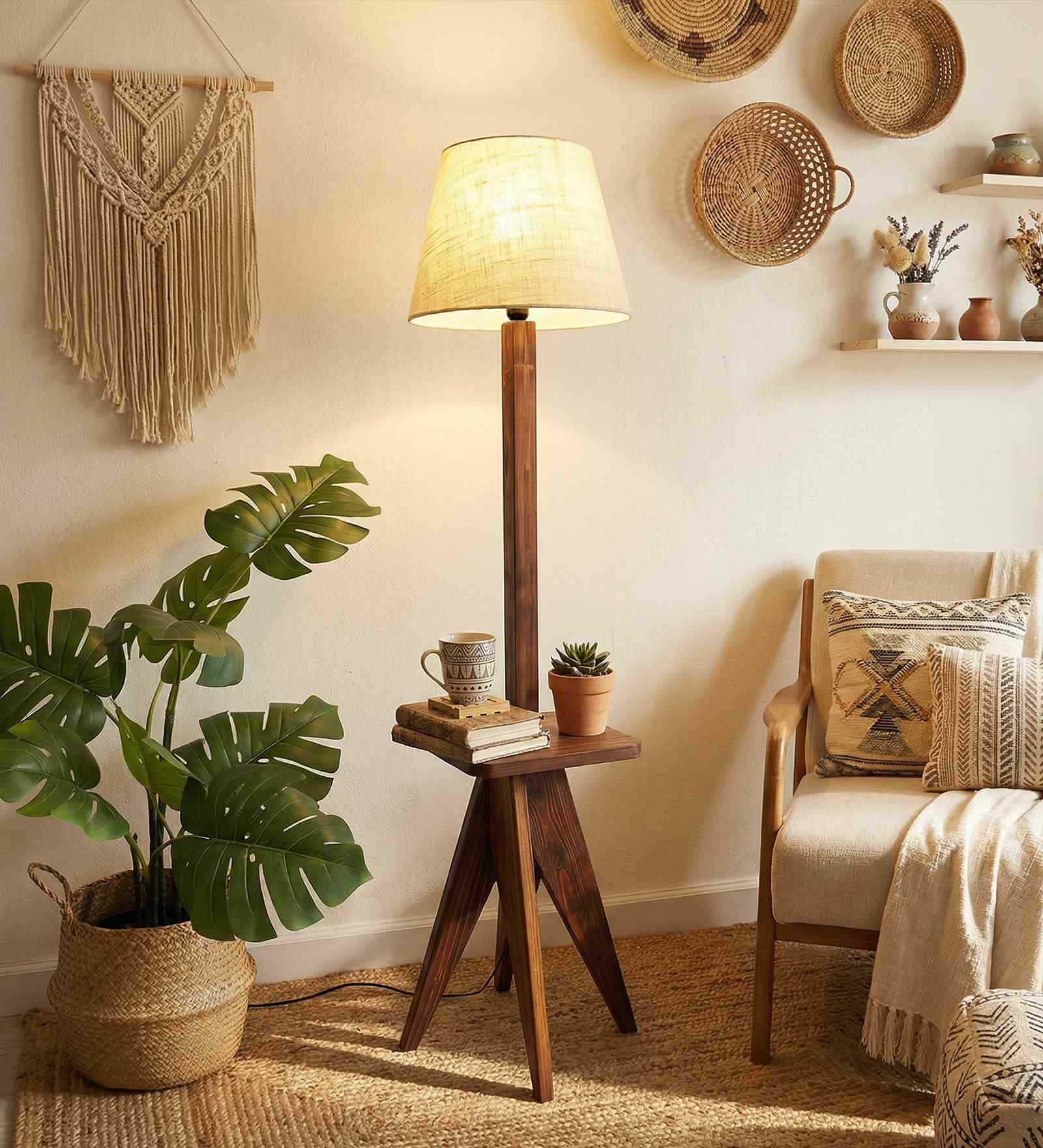 Claude Wooden Shelf Floor Lamp with Wooden Shade & Brown Base