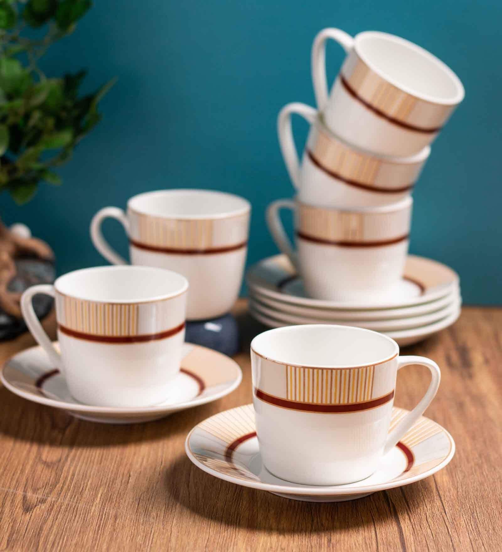 Clay Craft Fine Ceramic Cheers Super Cup & Saucer Set of 12 (6 Cups + 6 Saucer) -180 ml each