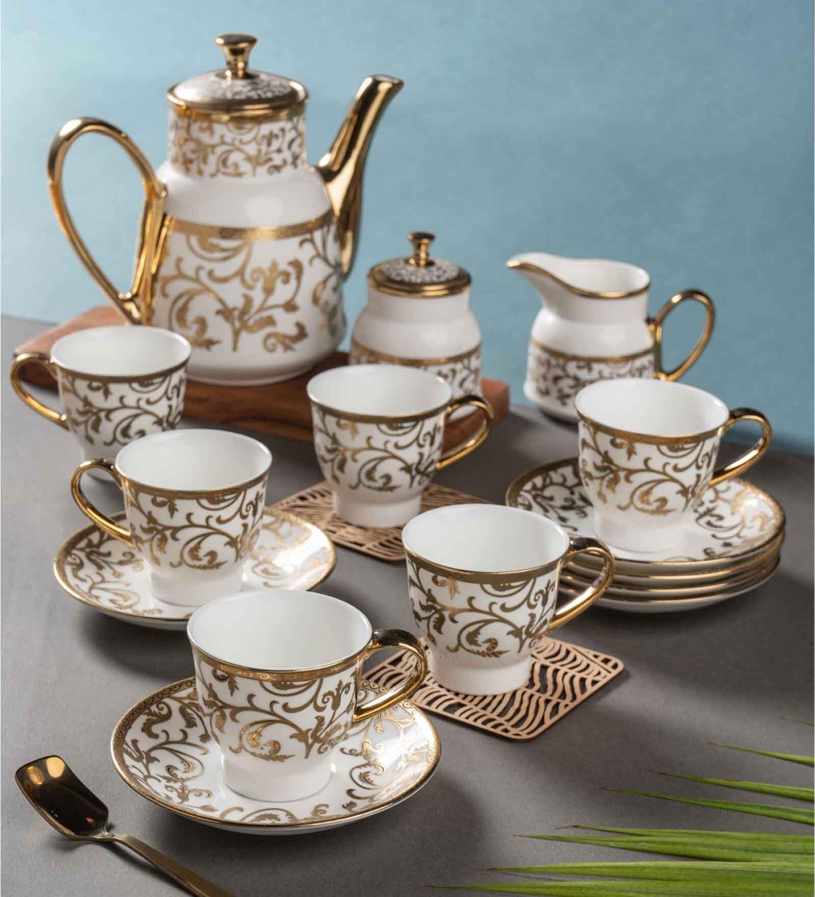 Clay Craft Fine Ceramic Classic Ebony Tea Set Of 15( 6 Cup, 6 Saucer, 1 Milk Pot, 1 Tea Pot, 1 Sugar Pot)