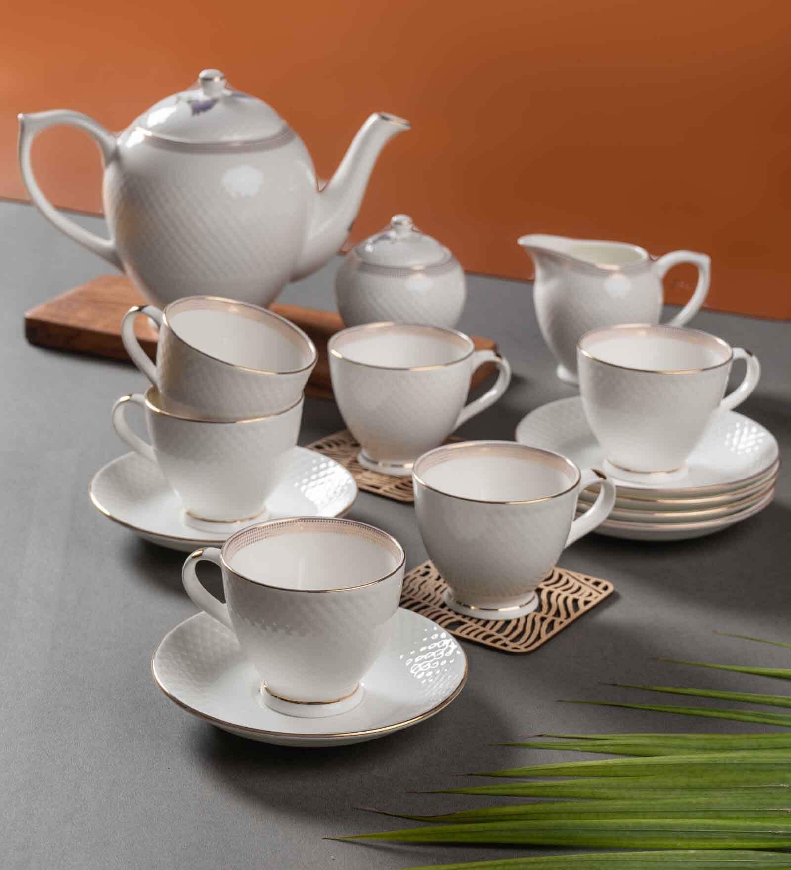 Clay Craft Fine Ceramic Diamond Impression Tea Set Of 15( 6 Cup, 6 Saucer, 1 Milk Pot, 1 Tea Pot, 1 Sugar Pot)