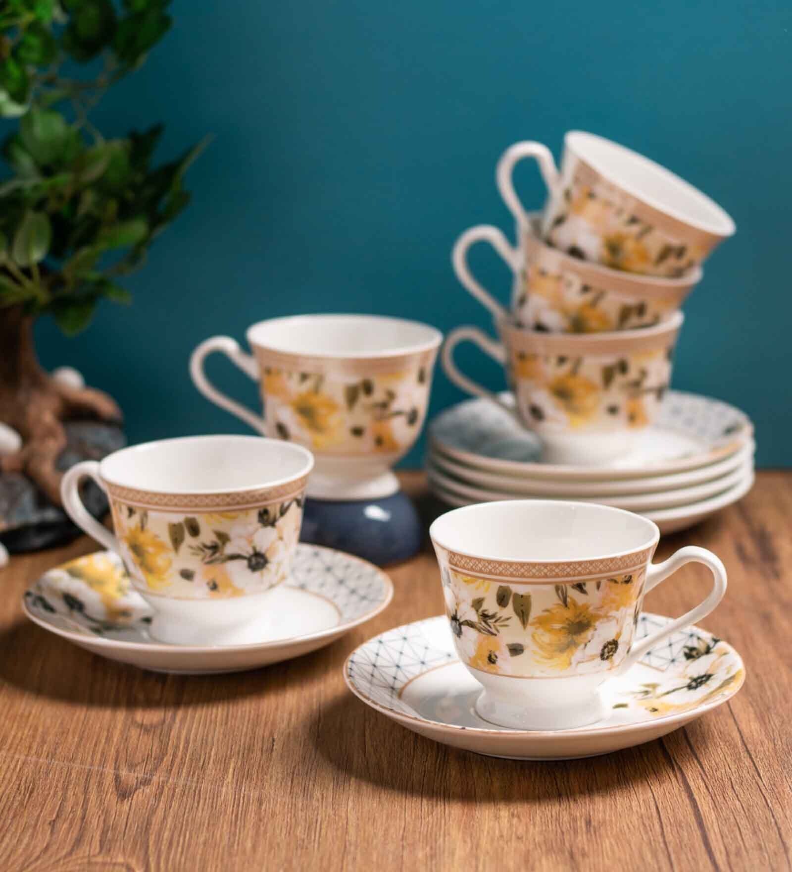 Clay Craft Fine Ceramic Georgian Super Cup & Saucer Set of 12 (6 Cups + 6 Saucer)