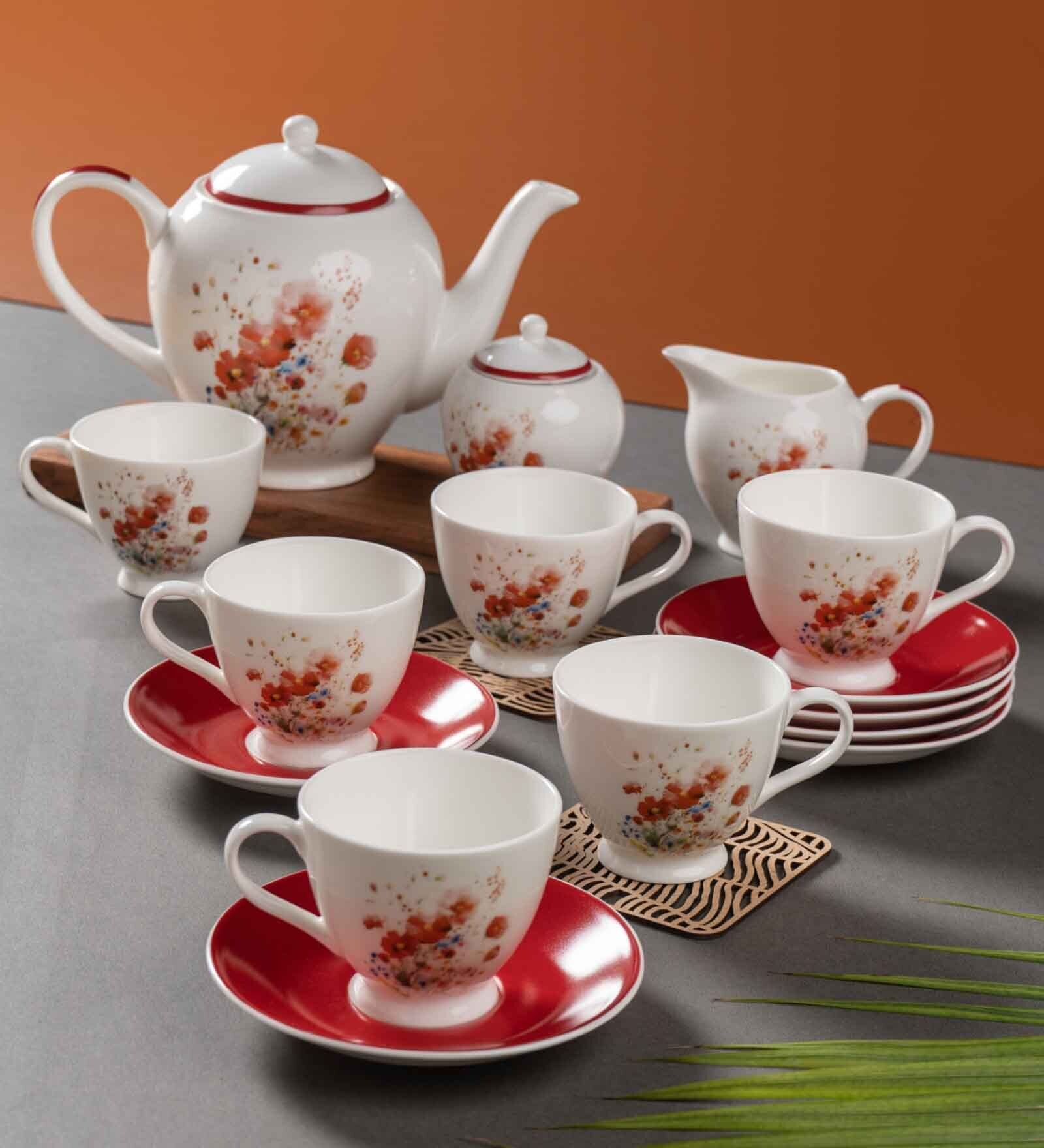 Clay Craft Fine Ceramic King Mw Tea Set Of 15( 6 Cup, 6 Saucer, 1 Milk Pot, 1 Tea Pot, 1 Sugar Pot)