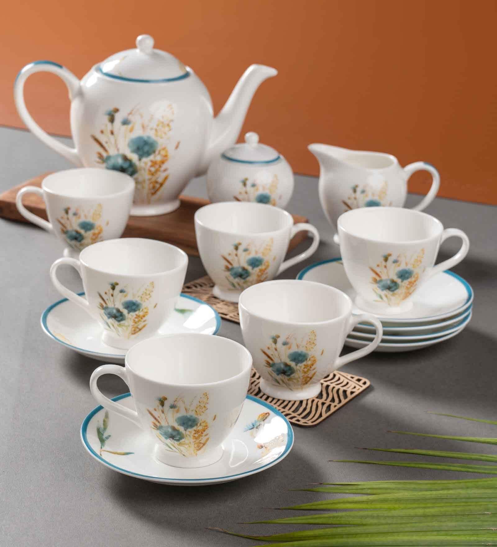 Clay Craft Fine Ceramic King Mw Tea Set Of 15( 6 Cup, 6 Saucer, 1 Milk Pot, 1 Tea Pot, 1 Sugar Pot)