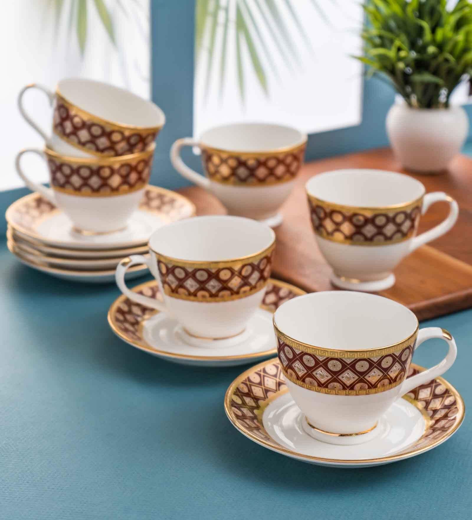 Clay Craft Fine Ceramic King Velvet Cup & Saucer Set of 12 (6 Cups + 6 Saucer)