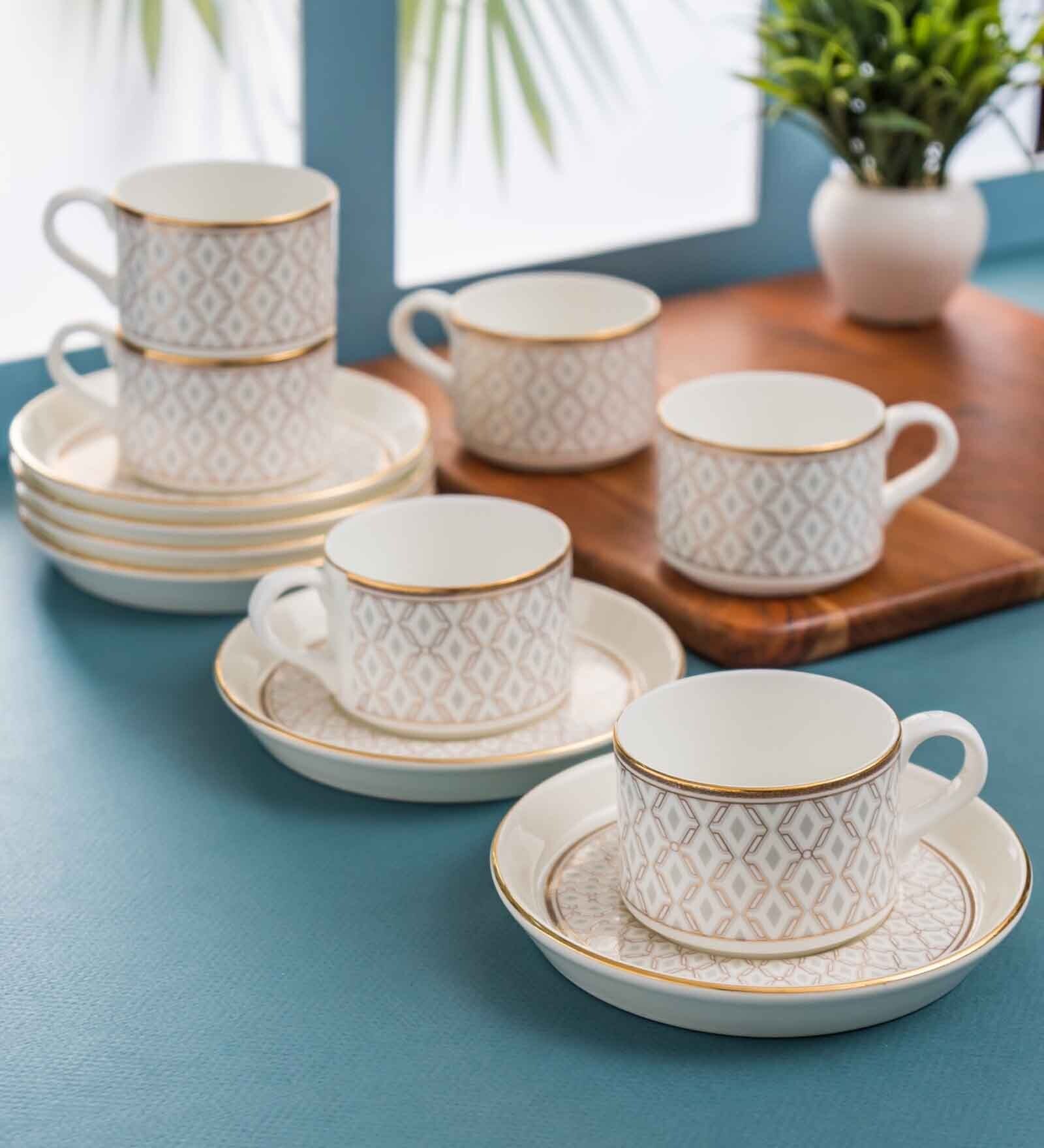 Clay Craft Fine Ceramic Rio Impression Cup & Saucer Set of 12 (6 Cups + 6 Saucer)