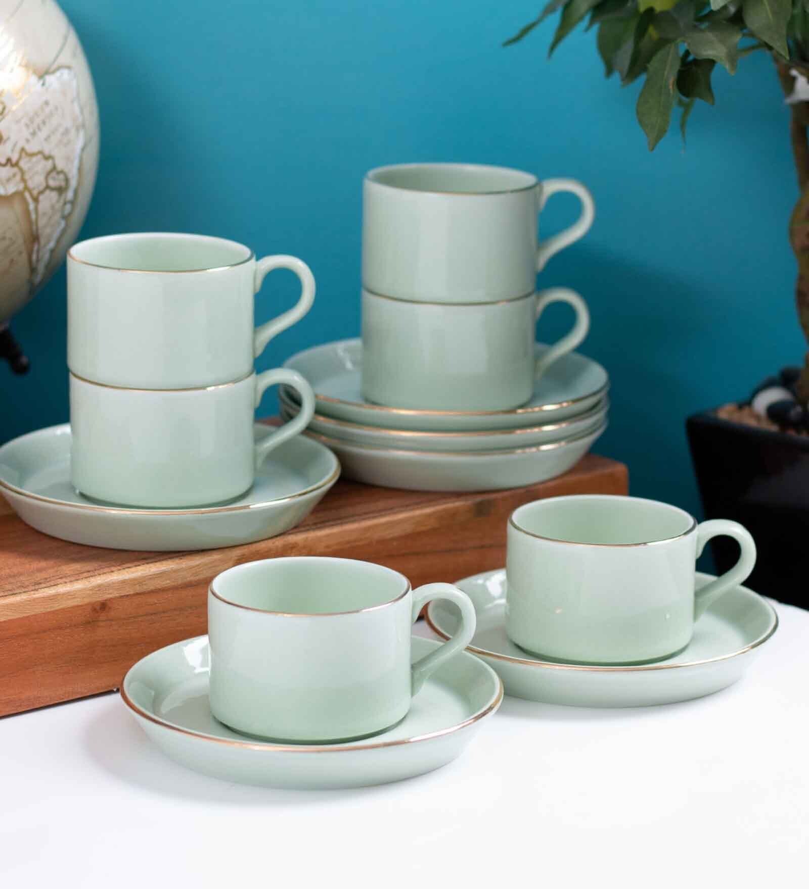 Clay Craft Fine Ceramic Rio Impression Cup & Saucer Set of 12 (6 Cups + 6 Saucer)