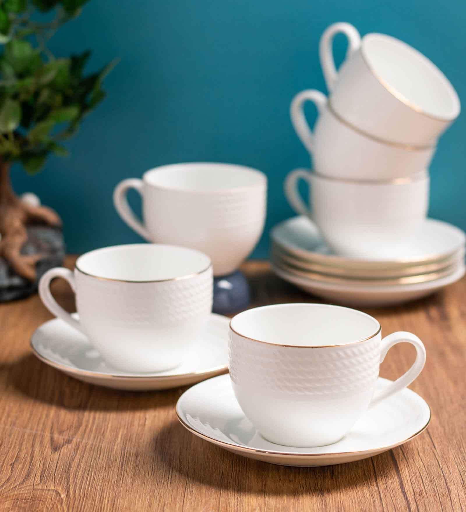 Clay Craft Fine Ceramic Rope Impression Cup & Saucer Set of 12 (6 Cups + 6 Saucer)