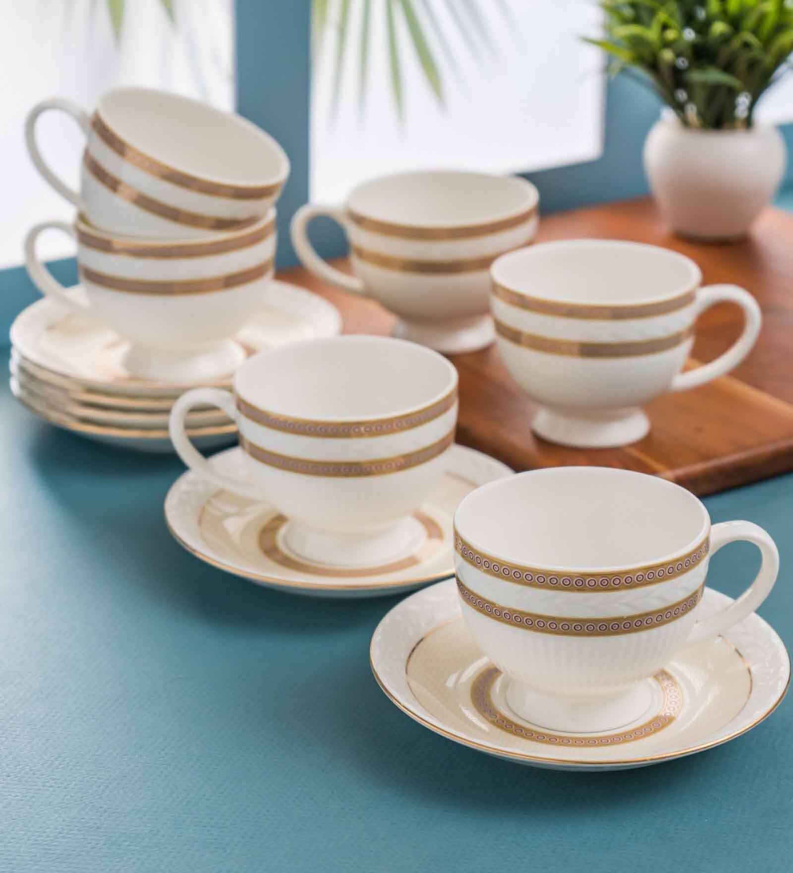 Clay Craft Fine Ceramic Snow Impression Cup & Saucer Set of 12 (6 Cups + 6 Saucer)