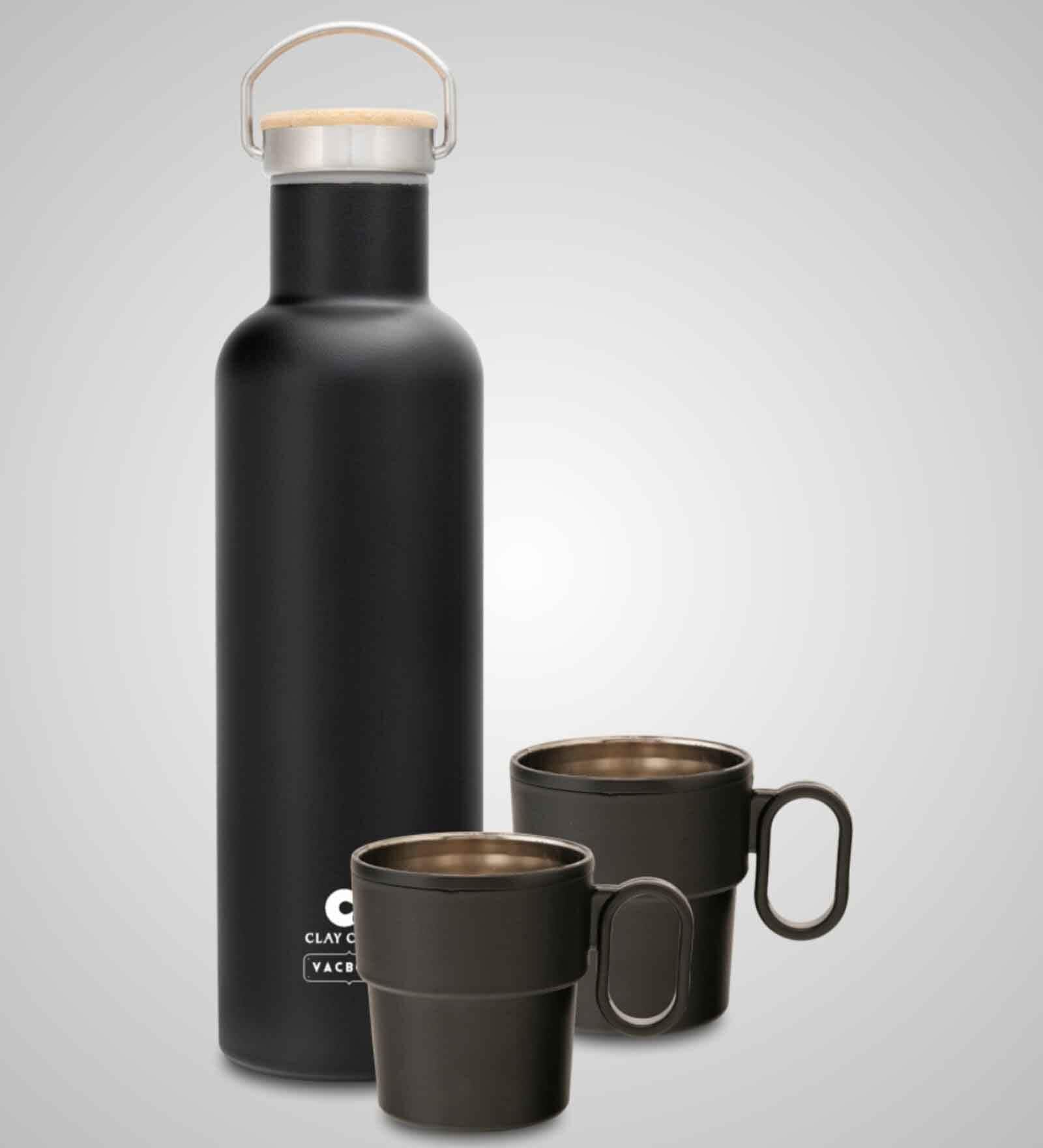 Clay Craft Vacbott Hiker Combo Set Double Walled 24 Hours Hot and Cold Water Bottle, 700ml, With Single Walled Victor Mug Set of 2 (Black) Steel Bottles for School, Home, Gym, Leakproof, Rust Free