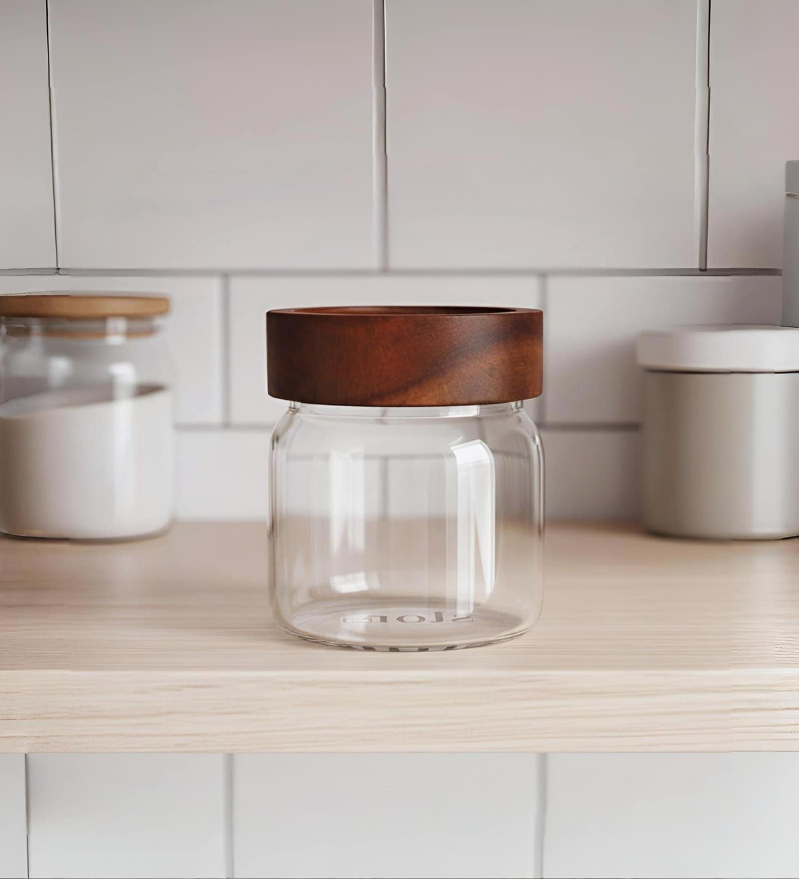 Clear 300 ml Borosilicate Glass Storage Jar with Airtight Acacia Wood Lid