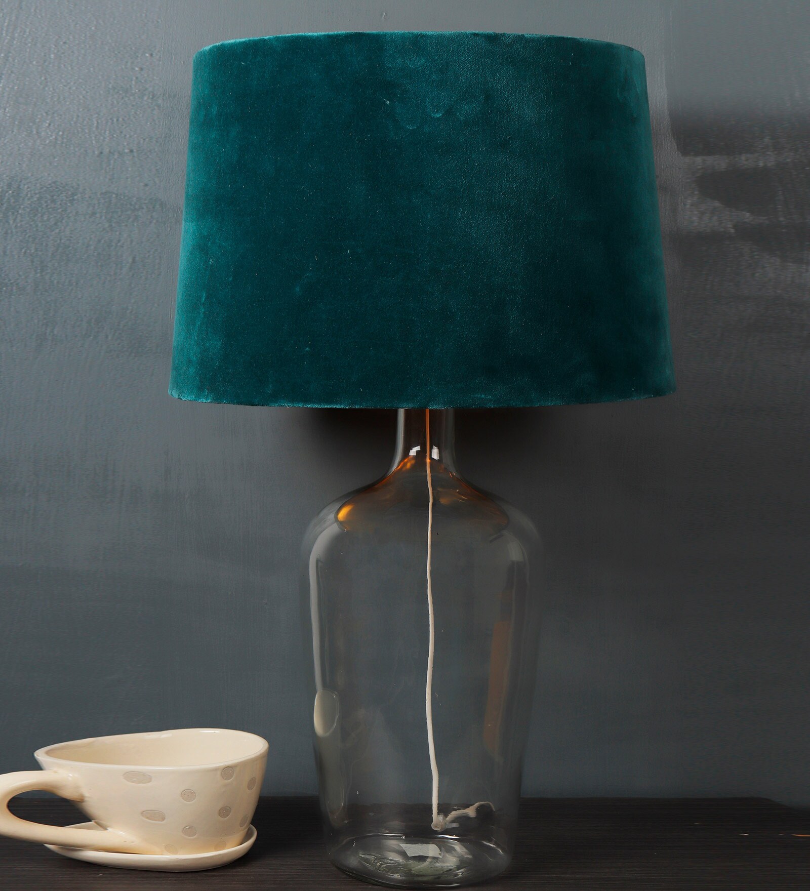 Clear Bottle Green Velvet Shade Table Lamp with Transparent Base
