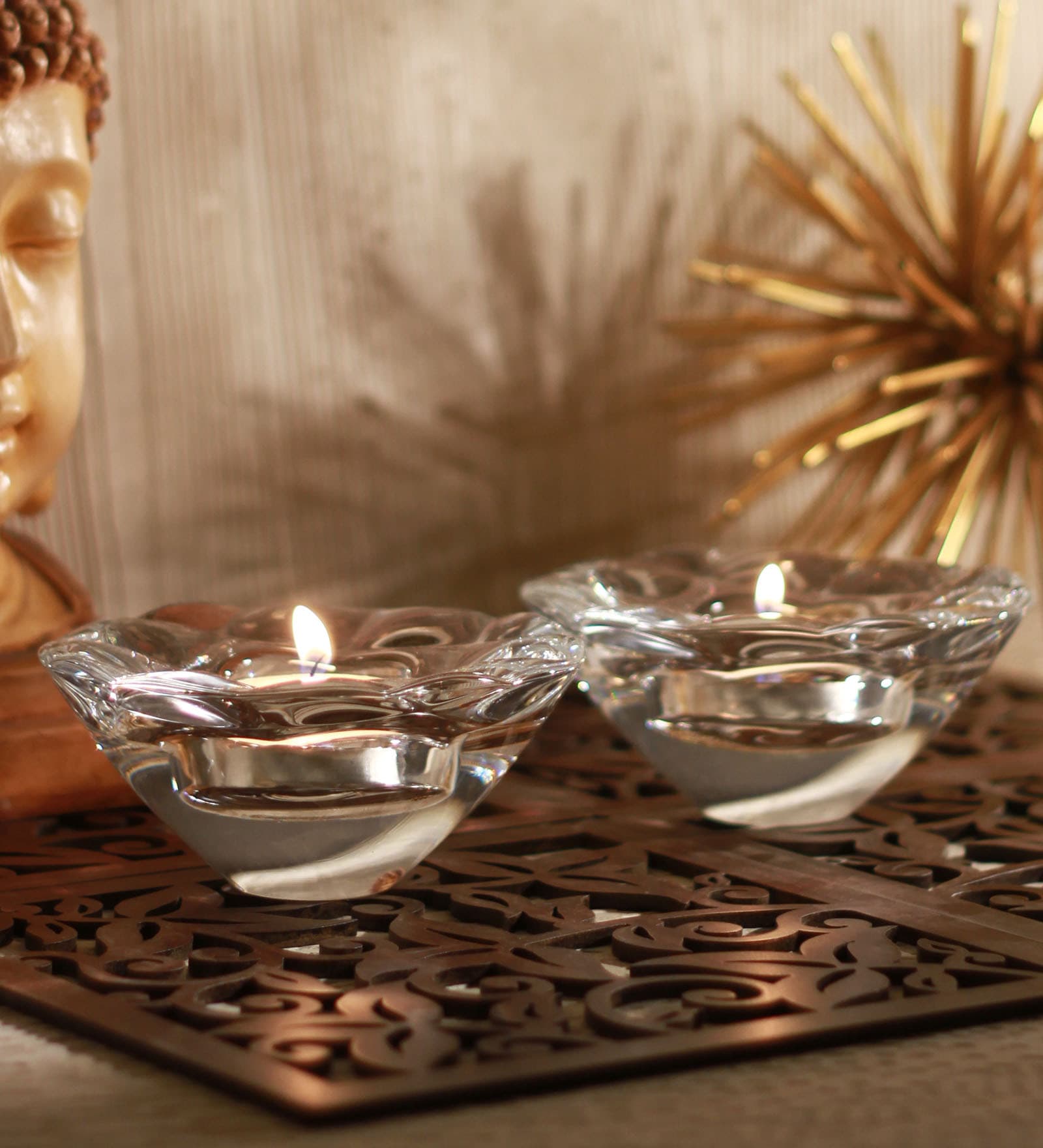 Transparent Glass Table Tea Light Holder Set of 2