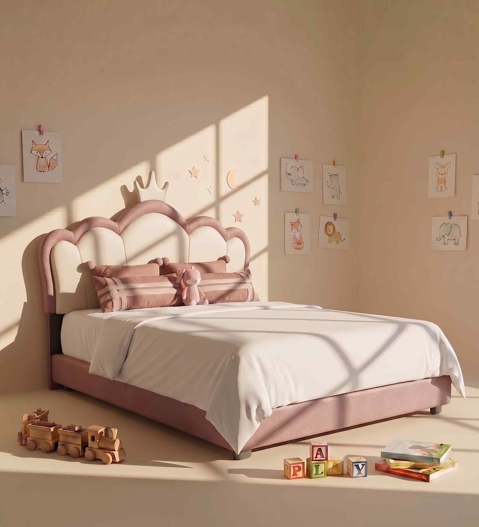 Cloud Crown Leatherette Kids Twin Bed In Pink And White Colour