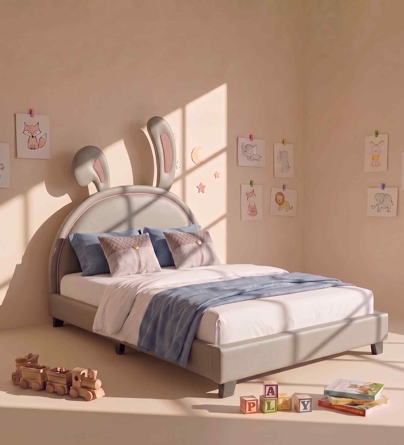 Cloud Hopper Leatherette Kids Toddler Bed With BoxStorage In Light Brown Colour