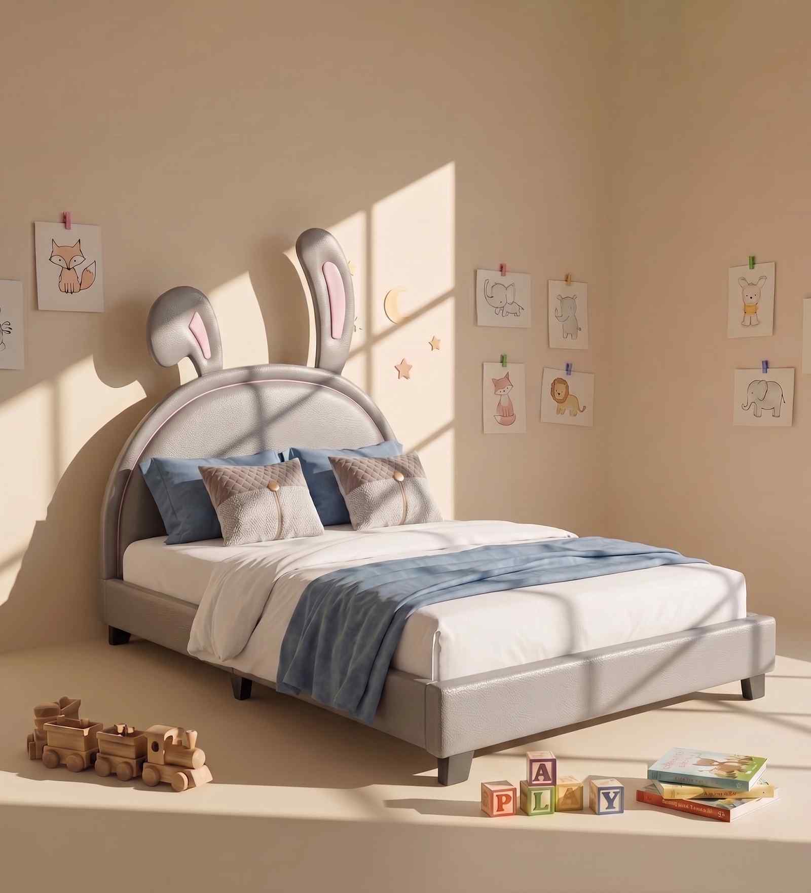 Cloud Hopper Leatherette Kids Twin Bed With Box Storage In Grey Colour