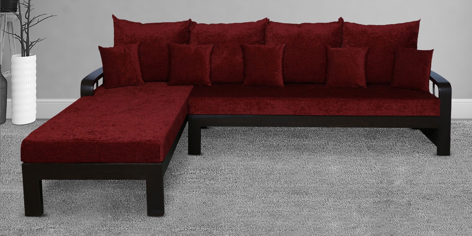 Clara Solid Wood RHS Sofa with Lounger in Walnut Finish & Maroon Upholstery