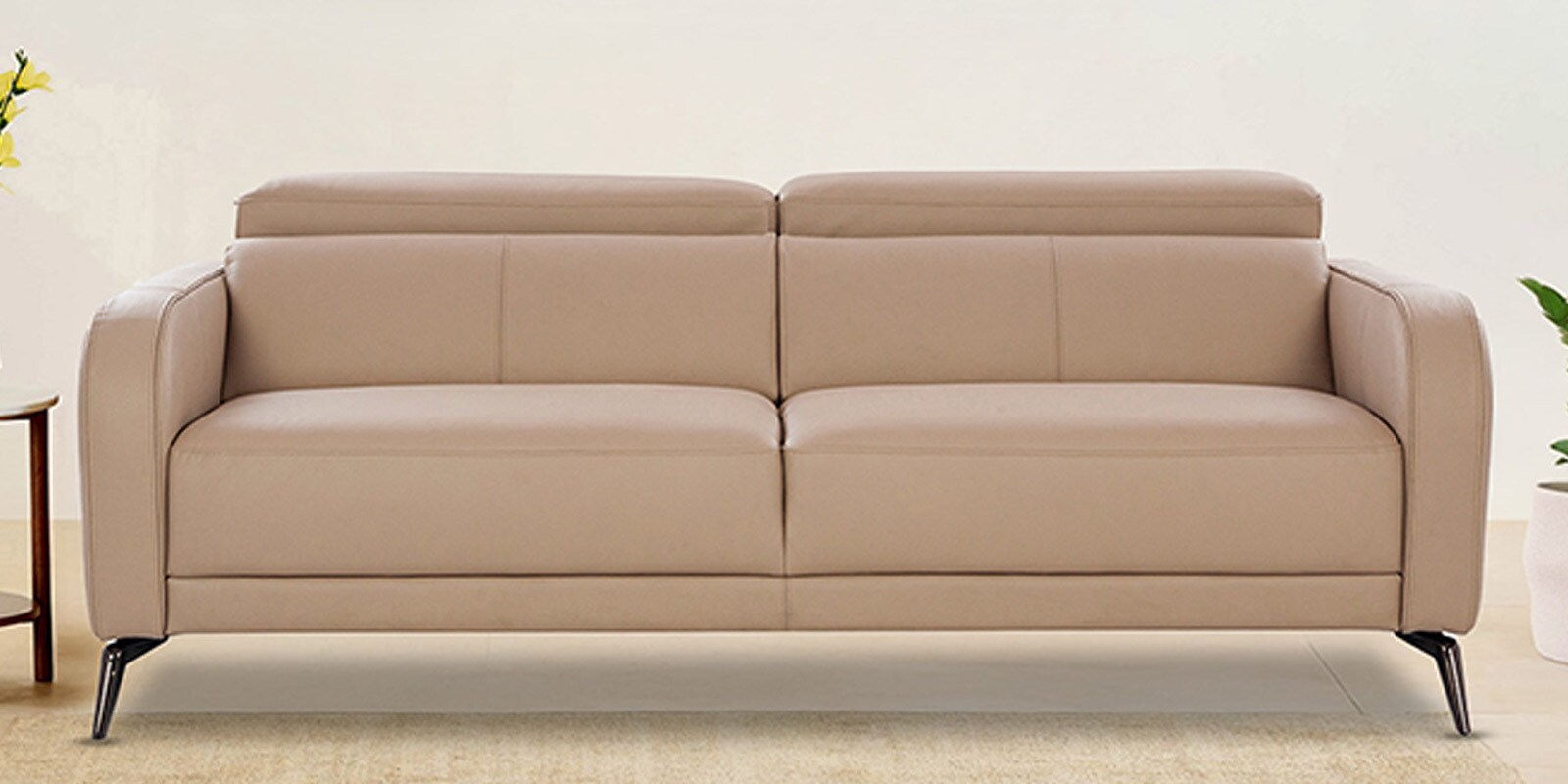 Clarissa Half Leather 3 seater Sofa In Oyster Beige Colour With Adjustable Headrest