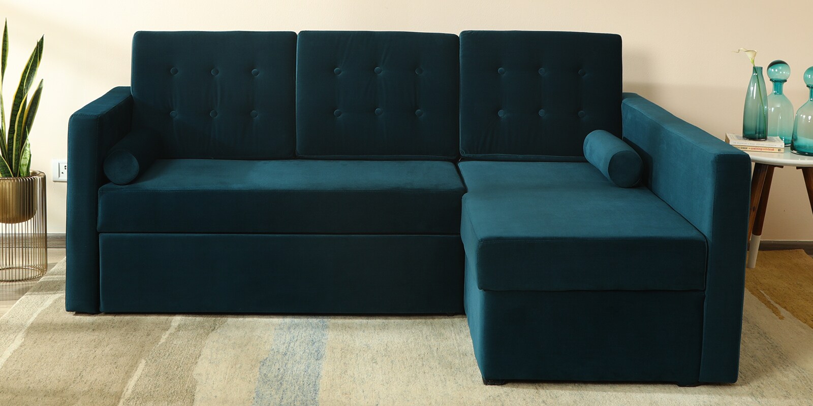Claven Velvet LHS Pull Out Sofa Cum Bed In Teal Blue Colour With Storage