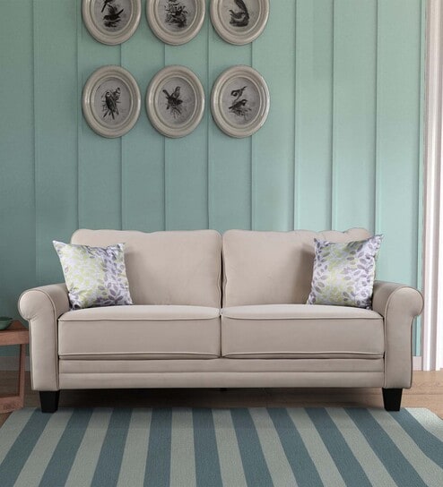 Claire Velvet 3 Seater Sofa in Beige Colour