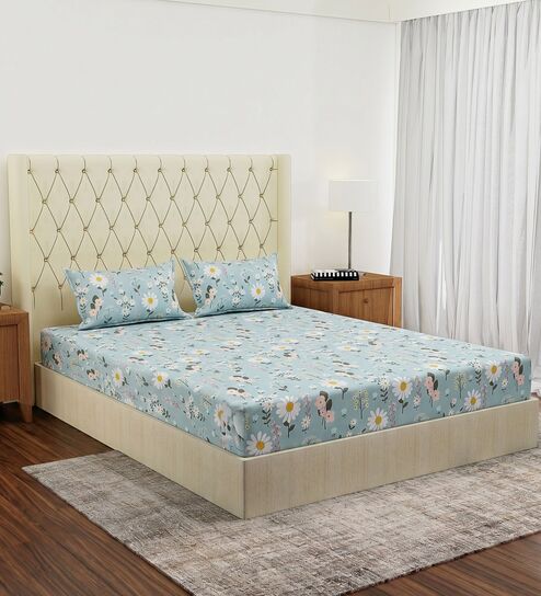 Green Floral 180 TC Polyester Double Size Bedsheet With 2 Pillow Covers