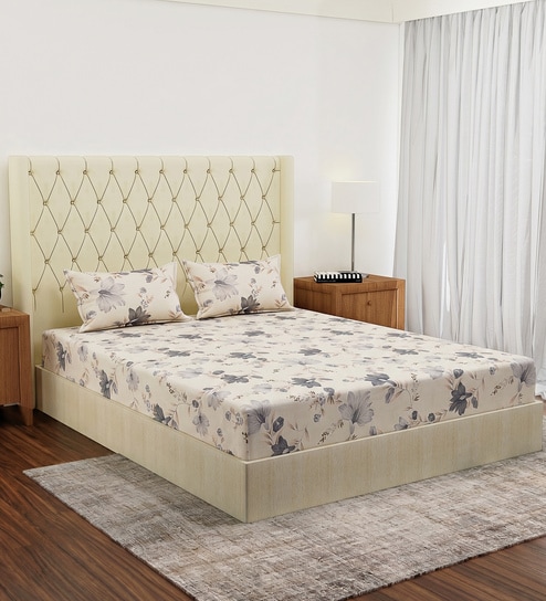 Cream Floral 180 TC Polyester Double Size Bedsheet With 2 Pillow Covers