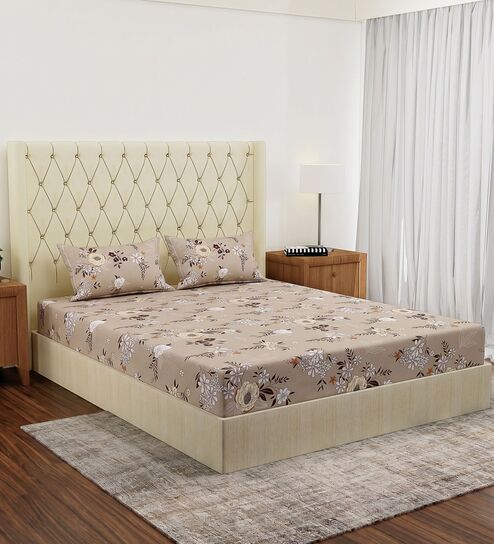 Beige Floral 180 TC Polyester Double Size Bedsheet With 2 Pillow Covers
