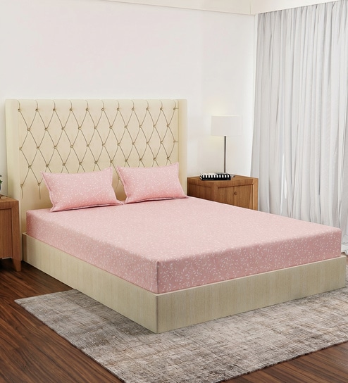 Pink Floral 180 TC Polyester Double Size Bedsheet With 2 Pillow Covers