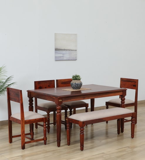 Clarion Sheesham Wood 6 Seater Dining Set In Honey Oak Finish With Bench