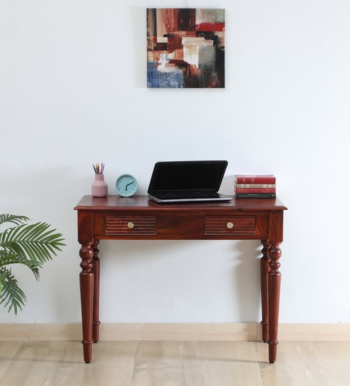 Clarion Sheesham Wood Writing Table In Honey Oak Finish With Drawers