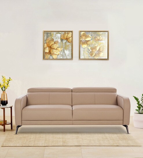 Clarissa Half Leather 3 seater Sofa In Oyster Beige Colour With Adjustable Headrest