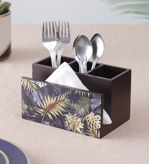 Brown Gold Leaf Print MDF Cutlery Stand