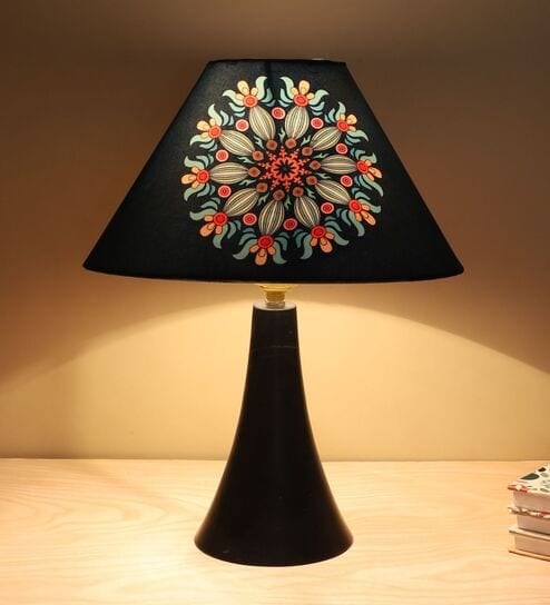 Classic Black Metal Table Lamp With French Floral Print Satin Shade
