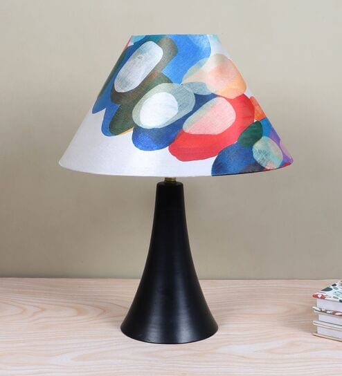 Classic Black Metal Table Lamp With Abstract Print Satin Shade