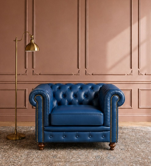 Classic Chesterfield Leather 1 Seater Sofa In Blue Colour