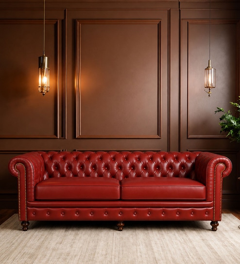 Classic Chesterfield  Leather 3 Seater Sofa In Red Colour
