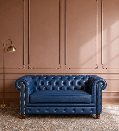 Classic Chesterfield  Leather 2 Seater Sofa In Blue Colour