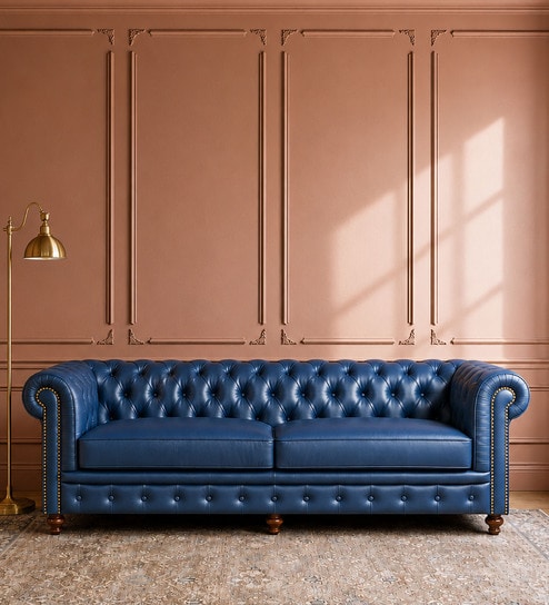 Classic Chesterfield Leather 3 Seater Sofa In Blue Colour