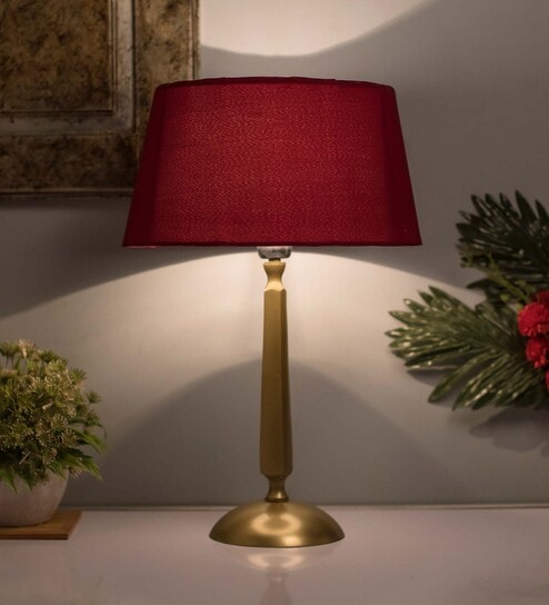 Classic Cubist Gold Brushed Lamp With Red Shade